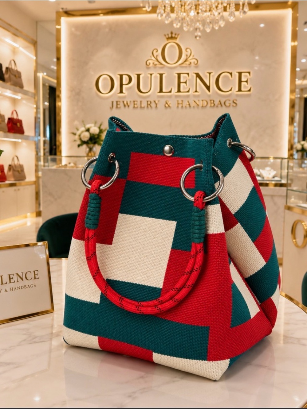 Geometric Canvas Bucket Bag in Red, Green & White